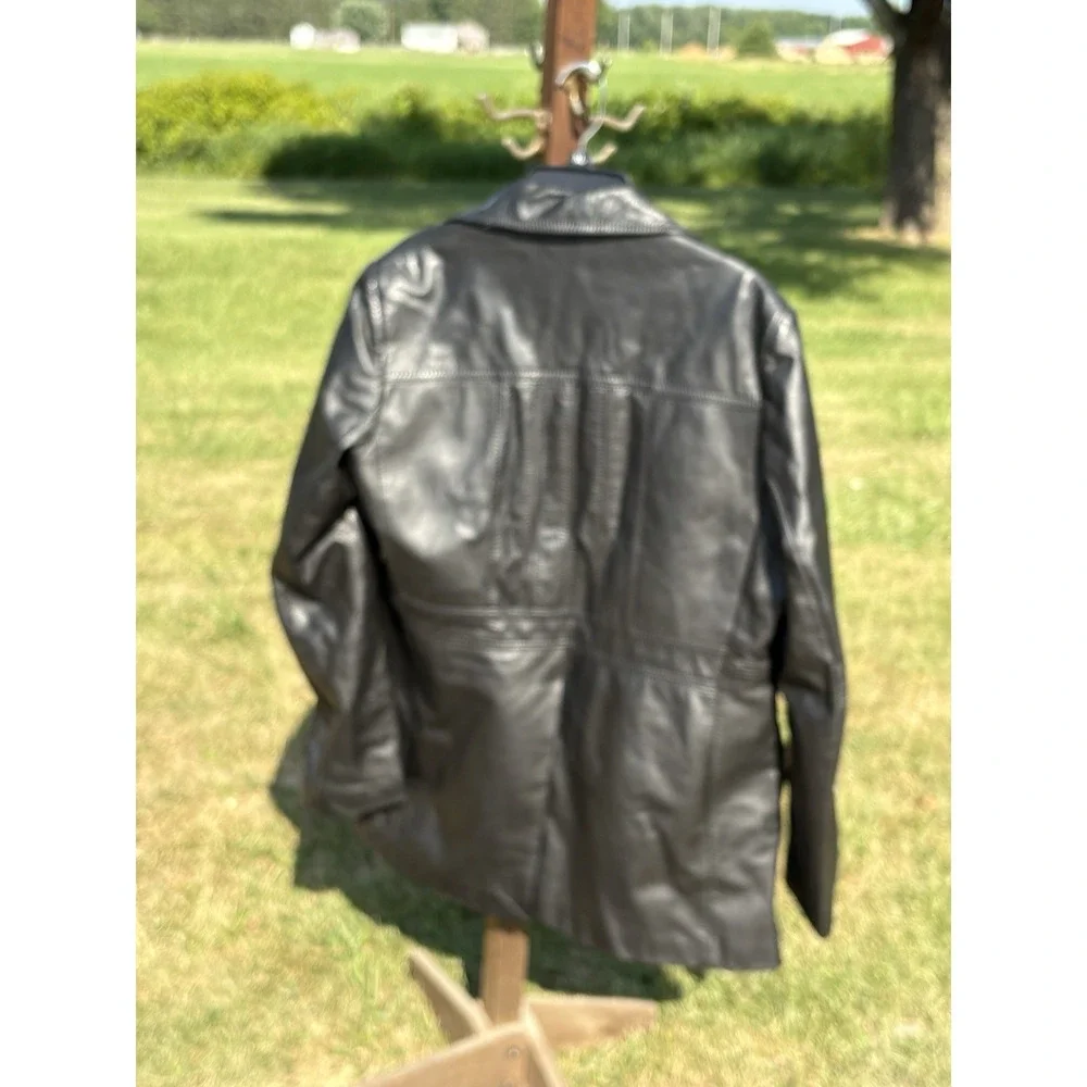 VTG Montgomery Ward Mens Black Leather Red Flannel Lined Peacoat 38R Jacket